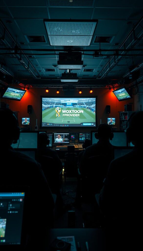A desaturated, cinematic scene of a bustling 4K broadcast control room during the FIFA World Cup 2026. In the foreground, technicians in headsets monitor multiple video feeds, their faces illuminated by the glow of high-resolution displays. In the middle ground, a large projection screen showcases the live match, with the "Hoxtoon Provider" logo prominently displayed. The background is filled with a tangle of cables, equipment racks, and the faint glow of studio lights, conveying the technical complexity of delivering a flawless 4K streaming experience to viewers across the USA.