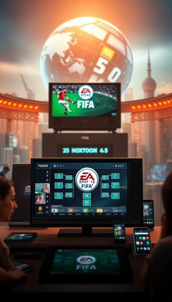A digital streaming platform showcasing the dynamic world of FIFA, with the "Hoxtoon Provider" brand prominently displayed. A sleek user interface dominates the foreground, featuring live-action match footage, player statistics, and interactive tournament brackets. The middle ground showcases a seamless blend of analog and digital elements, such as a vintage television set displaying the FIFA logo alongside modern tablets and smartphones. The background unveils a futuristic cityscape, hinting at the global reach and technological advancement of the FIFA digital experience. Warm lighting and a vibrant color palette evoke a sense of excitement and anticipation, capturing the evolution of FIFA broadcasting.