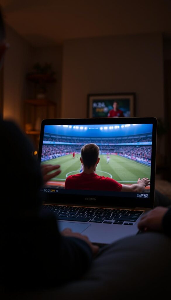 A dimly lit, cinematic scene depicting a 4K live stream of the World Cup. In the foreground, a laptop screen displays the Hoxtoon Provider logo and a high-definition football match. The middle ground features a person intently watching the screen, their face illuminated by the display's glow. In the background, a cozy living room setting with warm lighting and minimal decor sets the mood. The camera angle is slightly elevated, creating a sense of immersion and focus on the live stream experience. The overall atmosphere conveys the challenges of streaming a major sporting event in 4K resolution, highlighting Hoxtoon Provider's capabilities.