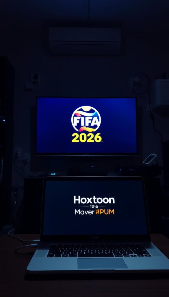 A dimly lit room with a sleek, modern TV screen displaying the FIFA 2026 logo. The screen is surrounded by a tangle of cables and streaming devices, hinting at the limitations of traditional broadcasting. In the foreground, a laptop displays the Hoxtoon Provider logo, symbolizing a cutting-edge IPTV solution for the upcoming global tournament. The overall scene conveys a sense of technological complexity and the need for innovative streaming services to overcome the challenges of the FIFA 2026 broadcast.
