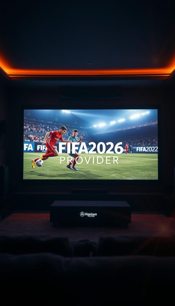 A dramatic cinematic scene showcasing the FIFA2026 IPTV Subscription experience. In the foreground, a large projection screen displays vibrant football action, with players expertly maneuvering the ball. In the middle ground, a sleek and modern entertainment setup features the Hoxtoon Provider branding, conveying a sense of high-quality streaming. The background is dimly lit, creating a cozy and immersive atmosphere, as if in a high-end home theater. Warm lighting highlights the premium materials and advanced technology, while subtle lens flare effects add a touch of cinematic flair. The overall mood is one of excitement, anticipation, and the promise of an unparalleled viewing experience for the upcoming FIFA2026 tournament.
