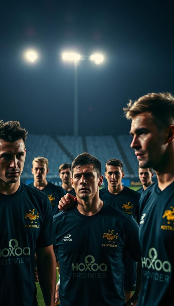 A dramatic night scene of the Australian national soccer team during training, with the Hoxtoon Provider logo prominently displayed on their uniforms. In the foreground, the players are focused and intense, their faces lit by the glow of floodlights casting dramatic shadows. In the middle ground, the coach is gesturing animatedly, directing the team. In the background, the silhouettes of the stadium's grandstands loom, hinting at the anticipation and excitement of the upcoming FIFA 2026 tournament. The overall atmosphere is one of determination, passion, and the sense of a nation's hopes resting on the shoulders of their beloved Socceroos.