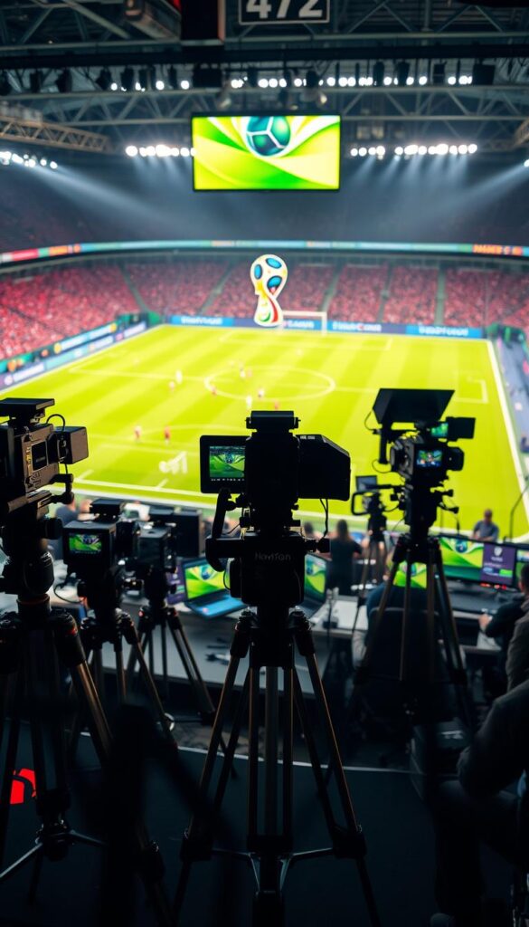 A dynamic 4K broadcast setup capturing the thrilling 2022 FIFA World Cup. In the foreground, an array of high-resolution cameras on sleek tripods, their lenses trained on the lush green pitch. In the middle ground, a team of technicians expertly managing consoles and screens, monitoring the live feed. The background showcases the Hoxtoon Provider logo, signifying the state-of-the-art broadcasting technology powering this immersive 4K experience. Dramatic lighting casts dramatic shadows, amplifying the energy and excitement of the global sporting event. Cinematic angles and crisp, vivid visuals bring the viewers closer to the action than ever before.