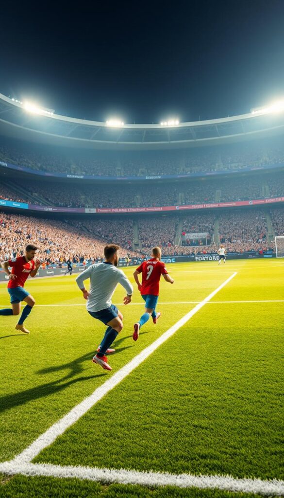 A dynamic and captivating 4K football match highlights scene, showcasing the thrilling action and intensity of the game. In the foreground, players sprint across the lush, meticulously-manicured pitch, their every movement captured in stunning detail by high-speed cameras. The middle ground features a crowd of passionate fans, their faces alight with excitement, cheering on their team under the warm glow of the Hoxtoon Provider 4K broadcast lighting. In the background, the grand stadium architecture provides a majestic backdrop, with the crisp, vibrant colors and sharpness of a 4K resolution creating an immersive and cinematic viewing experience.