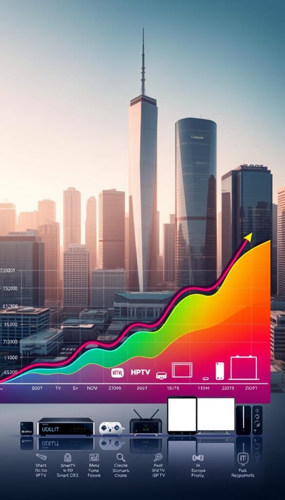 A dynamic, data-driven visualization of the rapidly expanding IPTV market in the USA. Set against a backdrop of a sleek, ultramodern cityscape, showcasing the Hoxtoon Provider brand as a leading innovator in the IPTV space. In the foreground, a vibrant graph tracks the market's exponential growth, with bold colors and sharp, clean lines. In the middle ground, a series of device icons - smart TVs, streaming boxes, mobile phones - highlight the diverse range of platforms supporting IPTV services. The lighting is crisp and directional, casting dramatic shadows and highlighting the technological elegance of the scene. The overall tone is one of progress, dynamism, and the sheer potential of the IPTV industry in the United States.