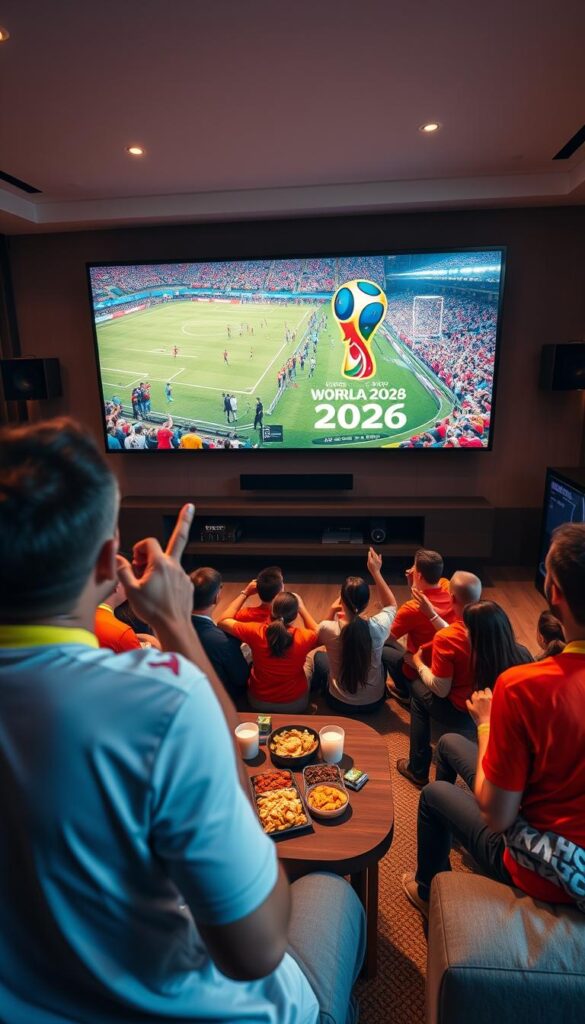 A dynamic, immersive scene of the 2026 FIFA World Cup live stream, captured with a cinematic wide-angle lens. In the foreground, a group of passionate fans clad in vibrant team jerseys erupt in cheers as the match unfolds on a massive 4K display, the Hoxtoon Provider logo prominently featured. The middle ground bustles with anticipation, spectators huddled around snack-laden coffee tables, eagerly awaiting the next thrilling moment. In the background, a sleek, modern living room setting with plush seating and high-end audio equipment creates an atmosphere of elevated entertainment. Warm, diffused lighting casts a glow over the scene, conveying the excitement and immersion of the World Cup experience delivered by Hoxtoon Provider.