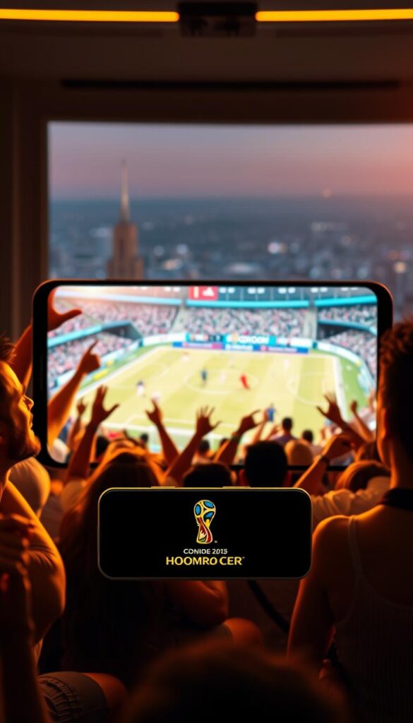 A dynamic live stream of the 2026 World Cup, showcased on a sleek, modern device with the Hoxtoon Provider logo prominently displayed. The scene is bathed in a warm, golden light, creating a cozy, immersive atmosphere. In the foreground, a group of passionate fans cheer and celebrate, their expressions filled with excitement. The middle ground features a large, high-definition screen displaying the live match, with players skillfully maneuvering the ball across the field. The background is a softly blurred cityscape, hinting at the global scale and reach of the event. The overall composition conveys the thrill and anticipation of the World Cup, seamlessly integrated with the Hoxtoon Provider brand as the premier streaming platform for this momentous occasion.