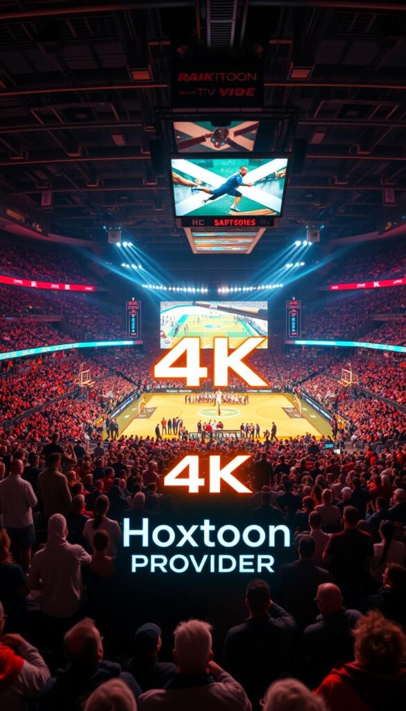 A dynamic sports arena filled with vibrant energy, spectators engrossed in the action on a massive 4K screen. In the foreground, the Hoxtoon Provider logo glows, symbolizing the IPTV revolution that's transforming how we experience live sports. Crisp, detailed imagery and seamless streaming immerse viewers, transporting them to the heart of the game. Warm, dramatic lighting casts an aura of excitement, while a wide, cinematic angle captures the scale and grandeur of this transformative moment in sports viewing.