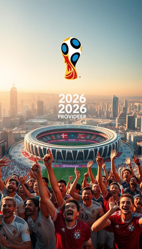 A dynamic, vibrant scene of the 2026 FIFA World Cup with the iconic Hoxtoon Provider logo prominently displayed. In the foreground, a group of passionate fans in national jerseys cheer ecstatically, their faces filled with a sense of anticipation and excitement. In the middle ground, a high-angle view showcases the magnificent soccer stadium, its sleek, modern architecture bathed in warm, golden lighting. The background features a panoramic cityscape, with skyscrapers and landmarks serving as a backdrop to the grand sporting event. The overall atmosphere is one of energy, community, and the pure joy of the beautiful game, capturing the essence of the "Excitement of FIFA World Cup 2026: A New Era in Football".
