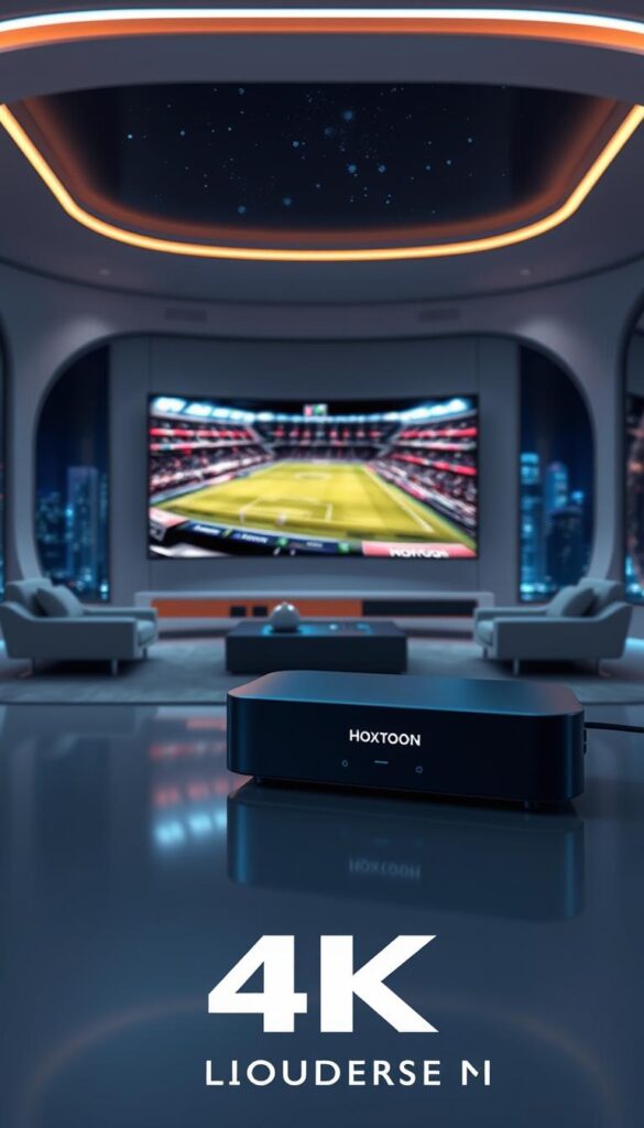 A futuristic 4K World Cup streaming experience, showcasing the evolution of broadcasting. In the foreground, a sleek, high-tech streaming device bearing the "Hoxtoon Provider" logo, displaying a vivid, ultra-high-definition match on a large, curved screen. The middle ground features a modern, minimalist living room setting, with comfortable seating and subtle ambient lighting, creating an immersive and luxurious viewing environment. The background depicts a cityscape skyline, hinting at the global reach and scale of the World Cup event, with skyscrapers and a starry night sky. The overall mood is one of technological sophistication, seamless connectivity, and a sense of exclusivity, catering to the VIP experience of 4K World Cup streaming.