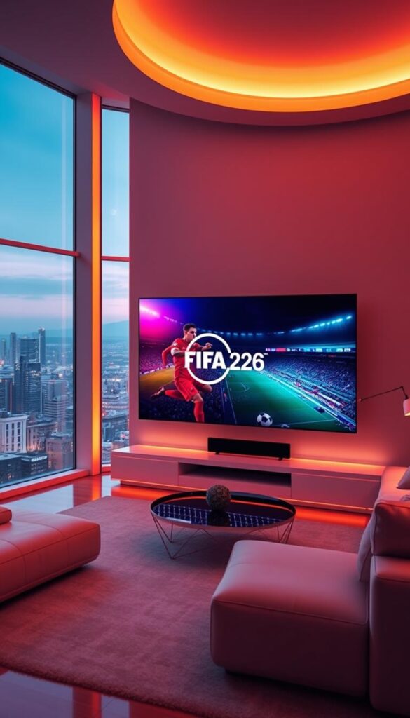 A futuristic living room with a large 4K OLED TV displaying vibrant FIFA2026 match highlights. The room is bathed in warm, ambient lighting, casting a cozy glow. On the TV screen, the Hoxtoon Provider logo is prominently featured, showcasing its role as the premier IPTV4K VOD platform. The room is furnished with sleek, minimalist furniture, with a plush couch and a modern coffee table. Large windows offer a panoramic view of a bustling city skyline outside, creating a sense of immersion. The overall scene conveys a sense of technological sophistication and the future of home entertainment.
