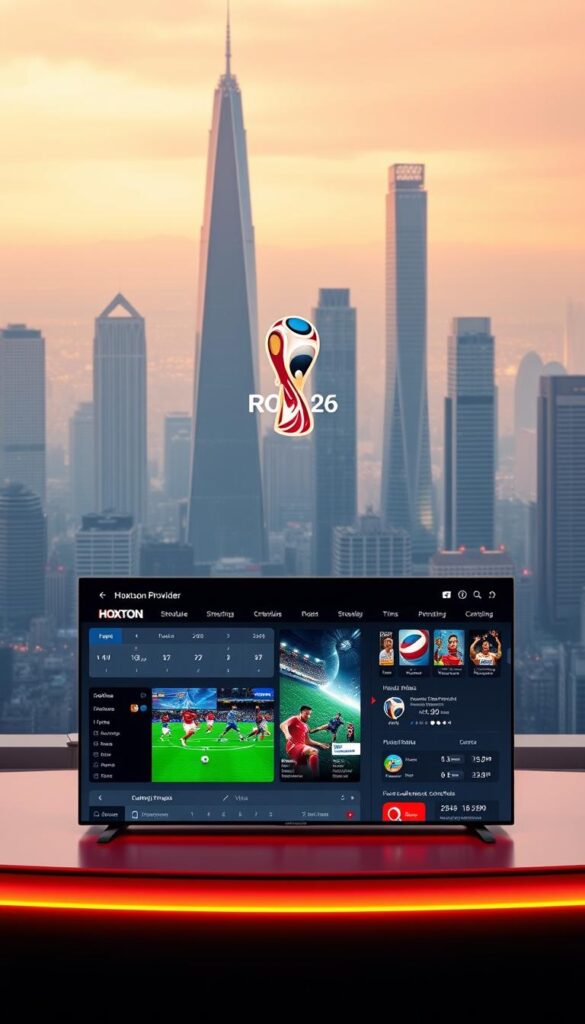 A futuristic, sleek digital streaming service interface featuring the "Hoxtoon Provider" brand prominently displayed. The interface is arranged in a clean, minimalist layout with various sections showcasing the upcoming 2026 World Cup matches, schedules, and viewing options. The foreground depicts an interactive dashboard with vivid high-definition game footage, player statistics, and social media integration. The middle ground shows customizable user profiles, subscription plans, and advanced streaming controls. The background features a dynamic cityscape with towering skyscrapers, suggesting a global, connected platform. The overall mood is one of technological sophistication, immersion, and excitement for the upcoming international football tournament.