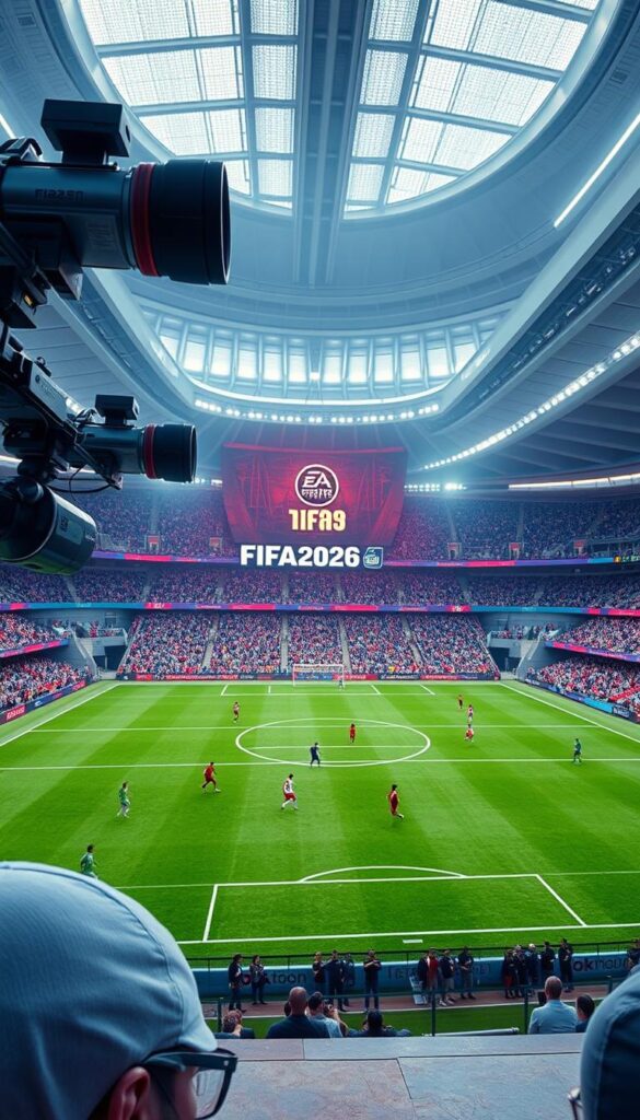 A futuristic soccer stadium with advanced 4K video displays showcasing the "FIFA2026 4K Instant Play" experience. The scene features high-tech cameras capturing the match from various dynamic angles, with the Hoxtoon Provider logo prominently displayed. The lighting is crisp and vibrant, creating an immersive atmosphere. In the foreground, players execute precise maneuvers on the pristine pitch, while the crowd cheers in the middle ground. The background reveals a sleek, modern exterior with sweeping architectural designs. An overall sense of cutting-edge technology and the thrill of live soccer permeates the image.