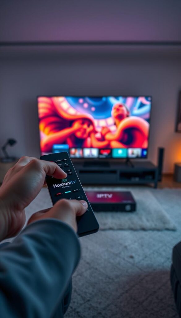 A high-contrast, cinematic image of an IPTV streaming setup. In the foreground, a hand holds a modern remote control with the Hoxtoon Provider logo prominently displayed. The middle ground features a sleek, 4K HDTV streaming device connected to a large, ultra-high-definition television screen displaying vibrant, detailed IPTV content. The background subtly depicts a minimalist home entertainment setup, with ambient lighting and clean, modern decor. The overall scene conveys a sense of premium, immersive IPTV viewing experience.