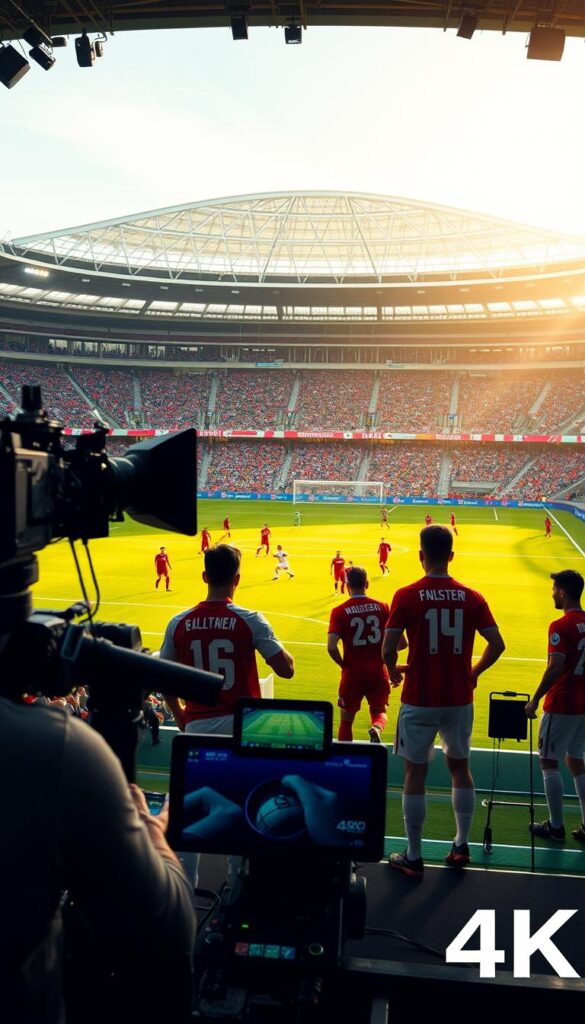 A high-definition FIFA World Cup match broadcast in vivid 4K resolution. In the foreground, a group of skilled players in their national team uniforms engage in a dynamic, fast-paced game on a meticulously detailed, lush green pitch. Midground features state-of-the-art camera equipment and broadcast crew members capturing the action with precision. In the background, a vast, modern stadium with stunning architectural features is illuminated by warm, natural lighting, creating an immersive atmosphere. The scene conveys the awe-inspiring grandeur and technical prowess of the Hoxtoon Provider 4K World Cup experience.