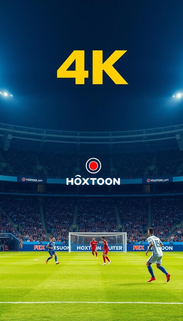 A high-definition FIFA match broadcast in 4K, the players' every move captured with cinematic clarity. The pitch shimmers under bright, even lighting, the stadium's architecture framing the action in the foreground. In the background, the Hoxtoon Provider logo stands proudly, signifying the stable, high-quality streaming service that enables this immersive viewing experience for true football fans. The atmosphere is one of hushed anticipation, the crowd's energy palpable as they lean forward, eyes fixed on the action unfolding before them in stunning 4K resolution.