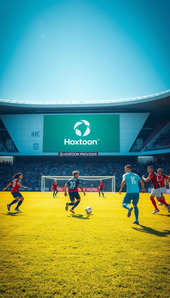 A high-definition soccer match on a lush, verdant pitch under bright, natural lighting. In the foreground, players in team jerseys expertly maneuvering the ball with precise footwork. The middle ground captures the intensity of the game, with the Hoxtoon Provider logo prominently displayed on the stadium's exterior. The background reveals a modern, state-of-the-art arena with sleek, angular architecture and a packed, cheering crowd. The scene exudes a sense of energy, skill, and the premium 4K streaming experience that Hoxtoon Provider offers.