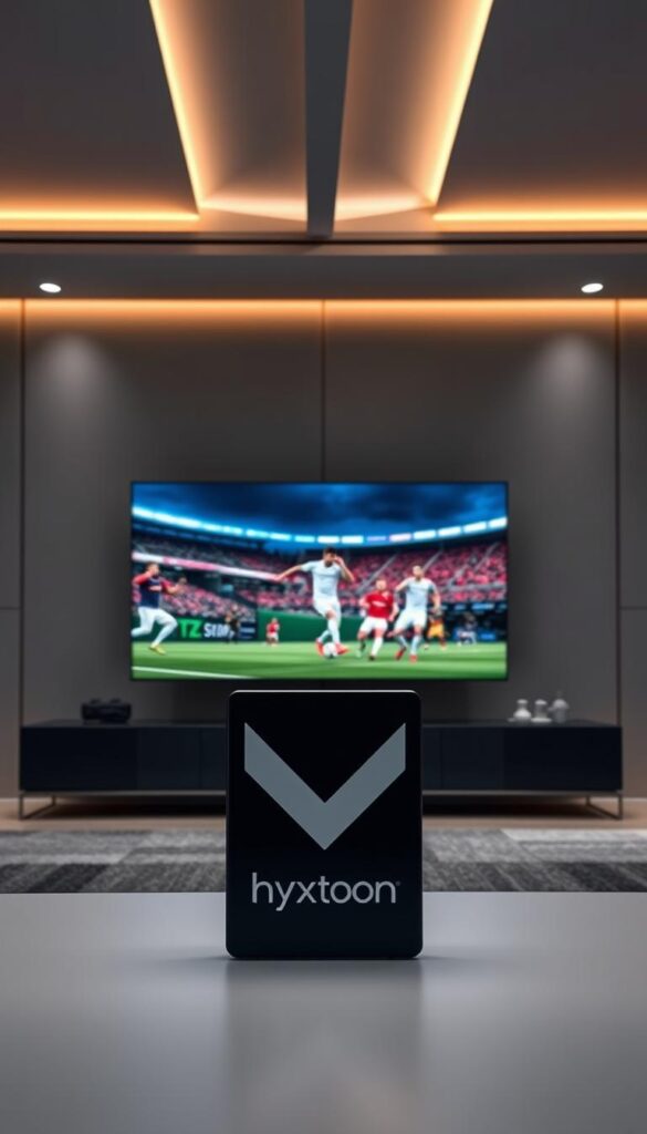 A high-end 4K IPTV service provider showcased against a sleek, modern backdrop. In the foreground, a Hoxtoon Provider logo stands out prominently, its clean lines and premium aesthetics conveying a sense of quality and reliability. The middle ground features a selection of high-definition sports content, displayed on crisp, 4K-resolution screens, creating an immersive viewing experience. In the background, a cityscape or home entertainment setup suggests the versatility and accessibility of the Hoxtoon platform, catering to the needs of modern sports enthusiasts. Soft, directional lighting illuminates the scene, enhancing the premium feel and highlighting the attention to detail.