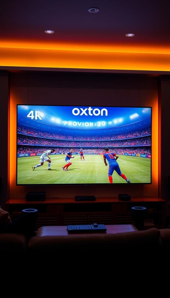 A high-end 4K IPTV system displaying the Hoxtoon Provider logo, showcasing a crisp, vivid FIFA match on a large screen. The frame is tightly composed, highlighting the screen's impressive resolution and color accuracy. Warm, diffused lighting from the sides creates a cozy, cinematic atmosphere, while a subtle hint of modern home decor surrounds the setup. The image radiates a sense of premium quality and accessibility, inviting the viewer to experience the best of affordable 4K FIFA IPTV in the USA.