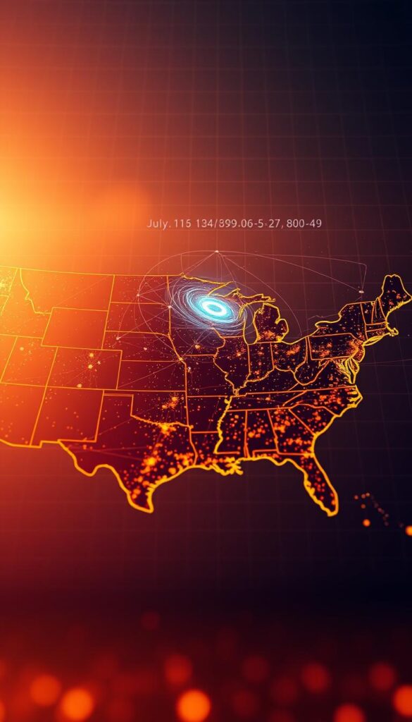 A high-fidelity, 4K coverage map of the United States, showcasing Hoxtoon Provider's comprehensive IPTV service. In the foreground, a detailed map of the continental US, rendered with crisp, photorealistic clarity. Intricate state borders and major cities are highlighted, while a warm, sunset-hued color palette conveys a sense of technological sophistication. In the middle ground, dynamic data visualizations pulsate, illustrating Hoxtoon's expansive network reach and signal strength. Finally, in the background, a subtle grid of latitude and longitude lines creates a sense of scale and geographic context. The overall composition radiates a professional, authoritative tone, perfectly suited to showcase Hoxtoon Provider as America's premier IPTV service.