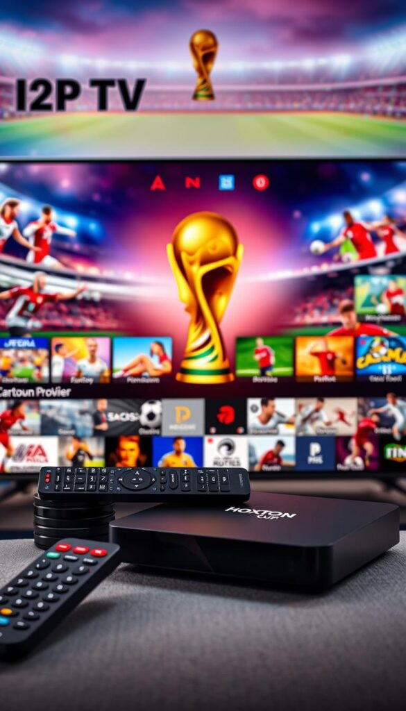 A high-quality 4K IPTV bundle against a vibrant backdrop showcasing the 2022 World Cup. In the foreground, a stack of remote controls and a sleek, modern IPTV device emblazoned with the "Hoxtoon Provider" logo. In the middle ground, various sports channels and live match feed icons populate a stylized user interface. The background features a collage of international soccer players, stadiums, and the iconic World Cup trophy, all bathed in a warm, cinematic lighting.