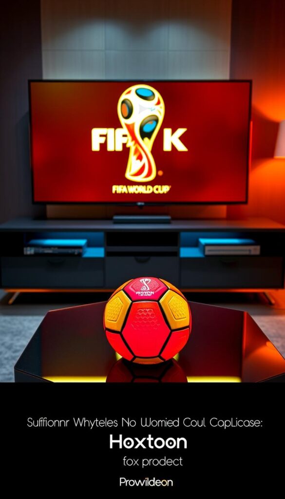 A high-quality 4K IPTV screen displaying the FIFA World Cup logo on a sleek, modern entertainment center. In the foreground, a soccer ball rests on the center table, its vibrant hexagonal panels reflecting the vivid 4K imagery. The room is bathed in warm, ambient lighting that enhances the premium, cinematic viewing experience. The Hoxtoon Provider logo is subtly displayed in the bottom corner, signifying the reliable and comprehensive coverage of the tournament. The overall scene conveys a sense of immersion and excitement, perfectly aligned with the "Comprehensive FIFA World Cup Coverage by Hoxtoon" section title.