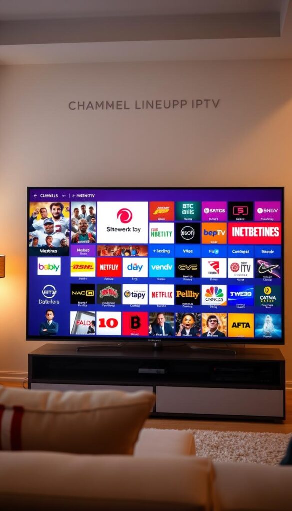 A high-quality 4K television displaying a diverse array of premium IPTV channels, showcasing the comprehensive channel lineup available with the Hoxtoon Provider. The screen is crisp and vibrant, with a range of channels spanning news, sports, movies, and entertainment. The user interface is sleek and intuitive, allowing for seamless navigation. In the background, a modern living room setting with warm lighting and minimalist decor, creating a cozy and immersive viewing experience. The image conveys the reliability, quality, and variety of the Hoxtoon Provider's IPTV offering.