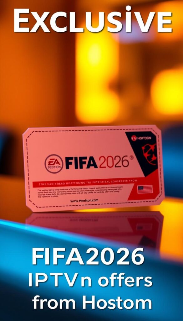 A high-quality, glossy coupon for the exclusive Hoxtoon Provider FIFA 2026 IPTV subscription, featuring a clean, modern design with the Hoxtoon logo prominently displayed. The coupon is framed against a subtly blurred background, with a warm, inviting lighting that highlights the coupon's details. The coupon's surface has a slight reflective sheen, adding a touch of premium quality. The overall composition conveys a sense of exclusivity and value, perfectly aligned with the "Exclusive FIFA2026 IPTV Coupon Offers from Hoxtoon" section title.