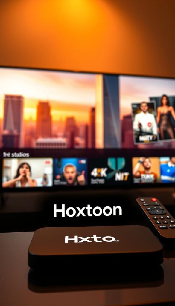 A high-quality, sharp 4K image of the "Hoxtoon Provider" IPTV service. The foreground features the Hoxtoon logo, prominently displayed on a sleek, modern device like a streaming box or Smart TV remote. The middle ground showcases various 4K media content and streaming options, with vivid, lifelike imagery. The background has a soft, blurred cityscape, conveying a sense of urban sophistication and technological prowess. The lighting is warm and inviting, with a touch of dramatic flair. The overall composition and color palette exude a professional, premium brand aesthetic that reflects Hoxtoon's position as the premier IPTV provider in the USA.