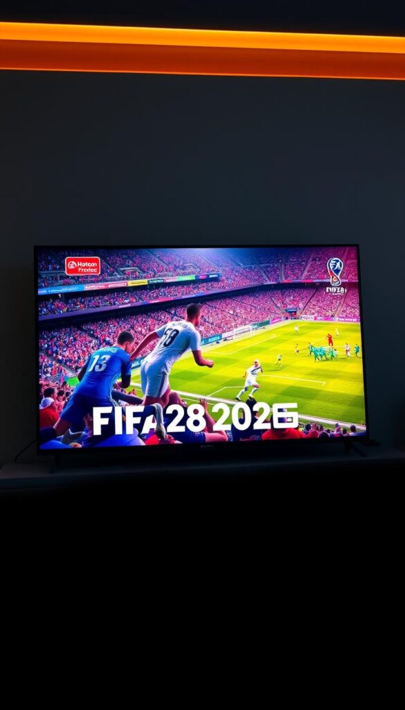 A high-resolution 4K display showcasing the vibrant FIFA 2026 gameplay, with a sleek, modern Hoxtoon Provider branded smart TV in the foreground. Cinematic lighting illuminates the detailed player models and lush stadium environments, creating an immersive viewing experience. The camera is positioned at an elevated angle, capturing the scale and grandeur of the digital match unfolding. A sense of anticipation and excitement fills the scene, inviting the viewer to imagine themselves as part of the ultimate FIFA 2026 streaming experience.