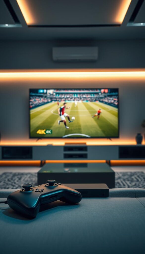 A high-resolution, cinematic still life depicting a "Certified 4K World Cup IPTV" service from the "Hoxtoon Provider". The scene features a sleek, modern television set displaying a vibrant 4K soccer match, with a game controller and a streaming device prominently placed in the foreground. The background showcases a minimalist, technologically-advanced interior design with clean lines and sophisticated lighting. The overall mood is one of high-quality, cutting-edge entertainment and reliable IPTV technology. The image should convey a sense of professionalism, attention to detail, and the premium nature of the "Hoxtoon" brand.