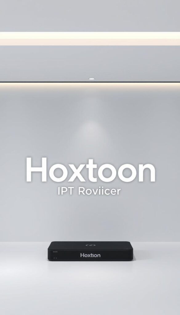 A high-resolution, photorealistic image of the "Hoxtoon IPTV Provider" logo and branding against a clean, professional background. The Hoxtoon logo should be prominently displayed in the center, with a sleek, modern design featuring a bold, minimalist wordmark and a stylized icon. The image should convey a sense of quality, reliability, and cutting-edge technology associated with a leading IPTV service provider. The lighting should be soft and even, highlighting the logo's details and creating a polished, sophisticated atmosphere. The background should be a neutral, monochromatic color that complements the brand's aesthetic, allowing the logo to stand out clearly.