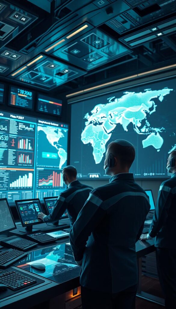 A high-tech control center displays real-time data and analytics on large, holographic screens. Technicians in sleek, futuristic uniforms monitor the intricate IPTV infrastructure, ensuring seamless FIFA 2026 streaming for the Hoxtoon Provider network. In the background, a global map pulsates with connectivity, highlighting the reach and reliability of this cutting-edge technology. The scene is bathed in a warm, subdued lighting, conveying a sense of professionalism and efficiency. The overall atmosphere is one of precision, innovation, and a commitment to delivering the ultimate viewing experience for the upcoming FIFA World Cup.