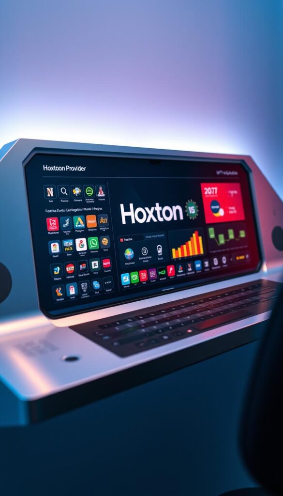 A high-tech control panel displaying the Hoxtoon Provider logo, showcasing the intuitive user interface of an IPTV service. The panel features an array of colorful icons and graphs, illustrating real-time sports streaming analytics, channel selection, and subscription management. Sleek metallic accents and a soft, blue-tinted lighting create a modern, sophisticated atmosphere, reflecting the advanced technology behind Hoxtoon's IPTV platform. The image conveys the power and convenience of IPTV services for seamless 4K sports streaming, as described in the "Understanding IPTV Services for Sports Streaming" section.