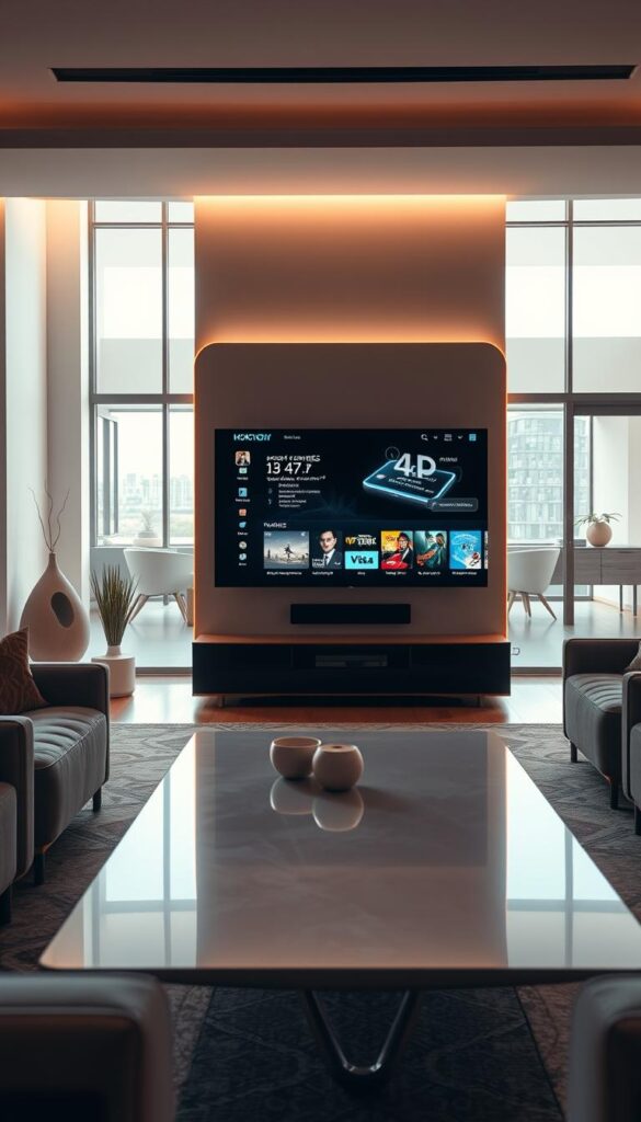 A high-tech living room with a sleek, futuristic TV display showcasing a Hoxtoon Provider IPTV interface. Soft, ambient lighting illuminates the space, creating a warm and inviting atmosphere. The TV screen displays a crisp, detailed 4K IPTV stream, immersing the viewer in a seamless, modern entertainment experience. In the foreground, a minimalist, contemporary coffee table and comfortable seating invite the viewer to sit back and enjoy the cutting-edge technology. The middle ground features subtle, high-end home decor elements that complement the overall aesthetic. The background depicts a spacious, open-concept layout with large windows, allowing natural light to fill the room and accentuate the sleek, futuristic design.