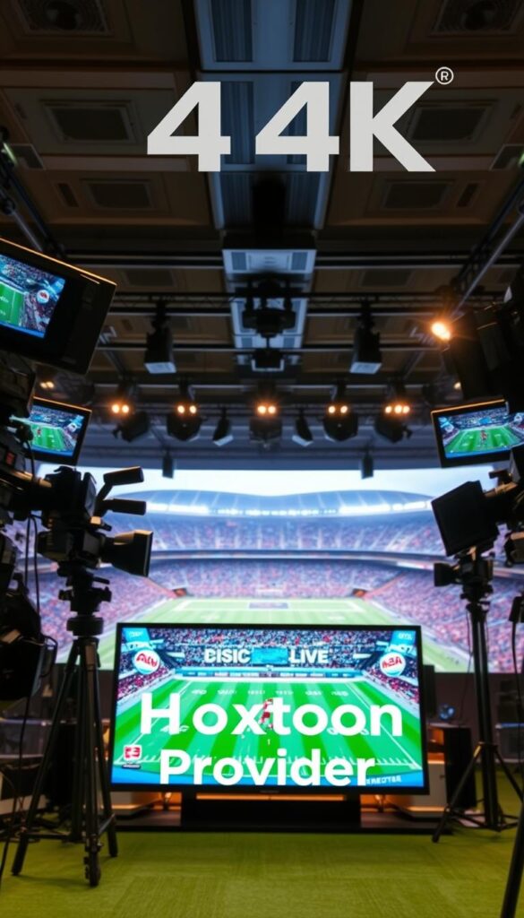 A high-tech sports broadcasting studio, with an array of 4K cameras and monitors. In the foreground, a large 4K screen displays a dynamic, slow-motion replay of a decisive football moment. Sleek, modern equipment fills the middle ground, framed by overhead lighting that casts a warm, professional glow. In the background, a panoramic view of a stadium, as if capturing the live event. The Hoxtoon Provider logo is prominently displayed, signifying the cutting-edge 4K technology powering this immersive viewing experience.