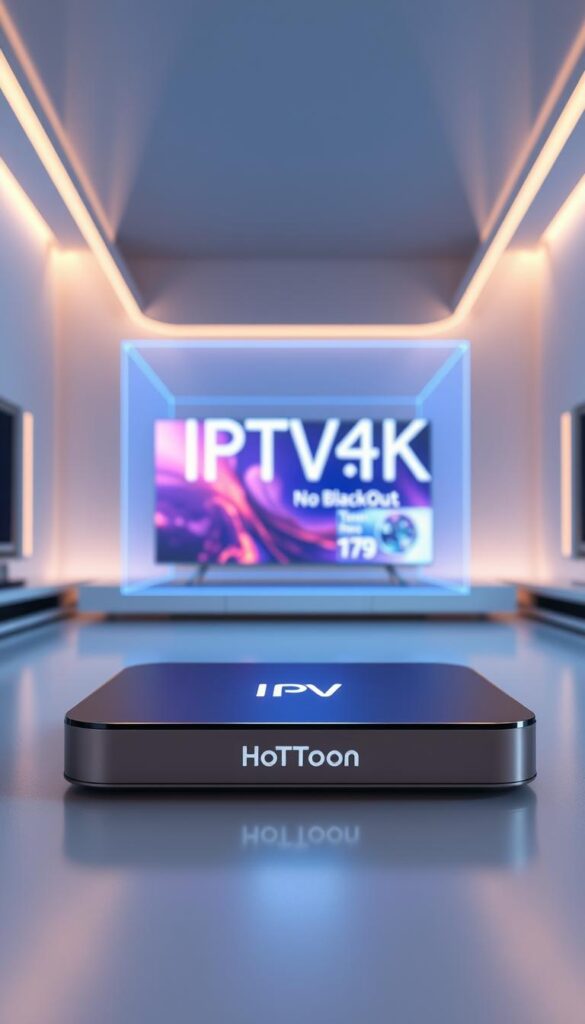 A highly detailed 3D rendering of the "IPTV4K No Blackouts" technology, with the Hoxtoon Provider logo prominently displayed in the foreground. The image showcases a sleek, modern device with clean lines and a glossy, high-tech appearance. The middle ground features a holographic display demonstrating the technology's capabilities, with crisp, vibrant visuals and seamless streaming. The background is a futuristic, minimalist setting with subtle lighting accents, conveying a sense of advanced, cutting-edge innovation. The overall mood is one of technical sophistication, reliability, and visual appeal.