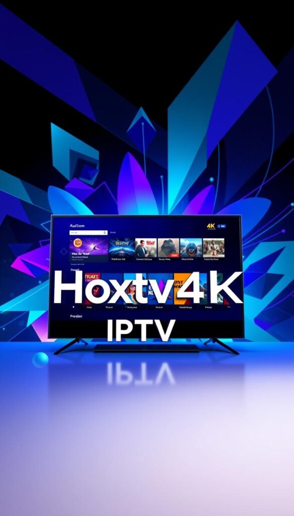 A highly detailed, 4K ultra-high-definition digital illustration depicting an IPTV subscription service from Hoxtoon Provider. The foreground showcases the Hoxtoon logo and the words "IPTV4K Yearly Subscription" rendered in a sleek, modern typeface. The middle ground features a stylized representation of a television screen, showcasing various media content available through the service. The background is a vibrant and dynamic composition, with abstract geometric shapes and patterns in shades of blue, purple, and teal, conveying a sense of advanced technology and connectivity. The lighting is soft and directional, creating depth and dimensionality. The overall mood is one of sophistication, innovation, and the promise of a premium 4K streaming experience.