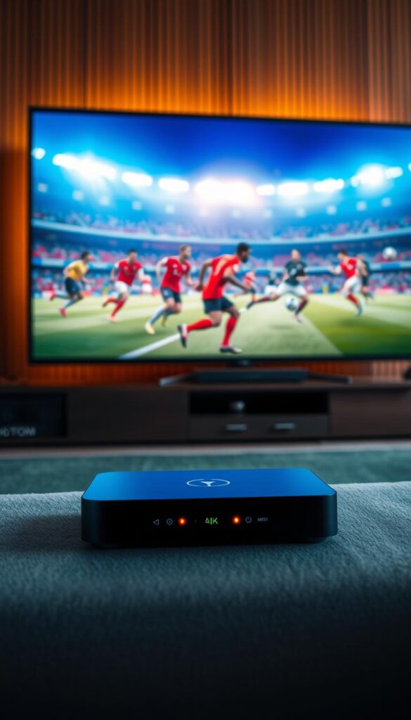 A large high-definition 4K television screen displays a vibrant and immersive World Cup soccer match, with players running across the pitch in a blur of motion. The image is bathed in warm, cinematic lighting, creating a sense of drama and excitement. In the foreground, a sleek Hoxtoon Provider set-top box is prominently positioned, its minimalist design and glowing indicator lights suggesting the advanced 4K streaming capabilities that are powering this ultimate World Cup viewing experience. The background is slightly blurred, allowing the television and Hoxtoon device to take center stage, creating a clean and visually appealing composition.