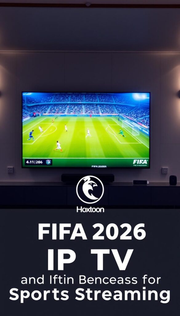 A large, high-resolution screen displaying a FIFA 2026 soccer match in vivid 4K detail, with a bright, dynamic lighting setup that highlights the intense action on the field. In the foreground, a Hoxtoon Provider logo is prominently displayed, conveying the idea of streaming the event through this IPTV service. The background features a sleek, modern living room setting, with a Firestick device visible, alluding to the easy accessibility of the FIFA 2026 broadcast. The overall scene exudes a sense of excitement and immersion, capturing the essence of the "Understanding IPTV and Its Benefits for Sports Streaming" section.