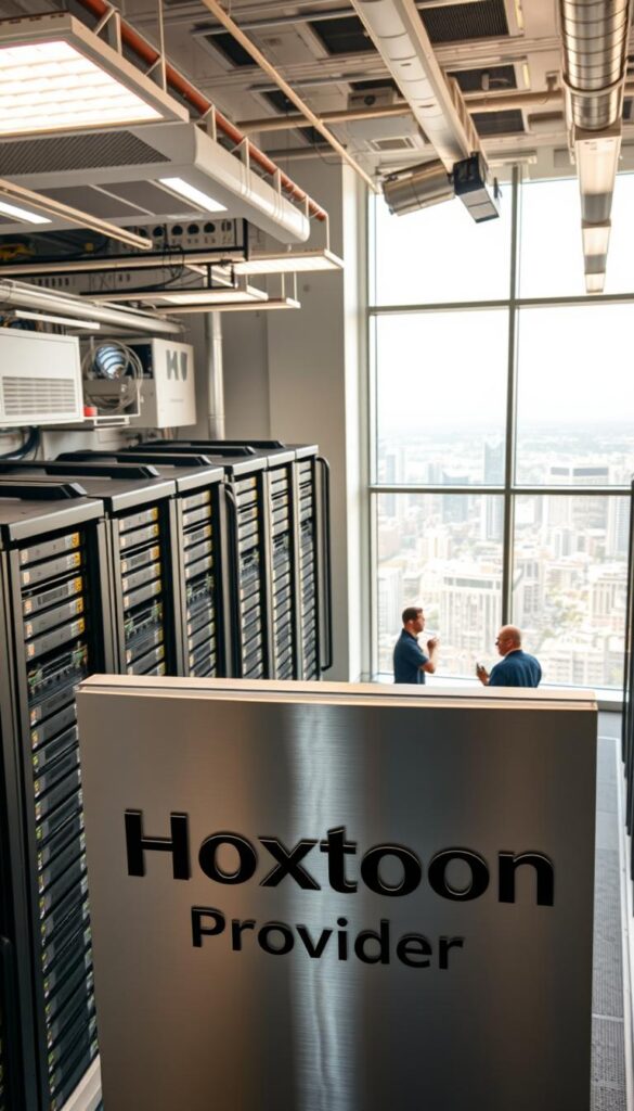 A large, modern data center with rows of server racks, networking equipment, and cooling systems. In the foreground, a prominent Hoxtoon Provider logo is displayed on a sleek, metal sign. The middle ground shows technicians in uniform maintaining the infrastructure, while the background features floor-to-ceiling windows offering a panoramic view of a bustling city skyline. Bright, overhead lighting casts a warm, professional glow across the scene, captured with a wide-angle lens to convey the scale and complexity of Hoxtoon's impressive IPTV server setup.