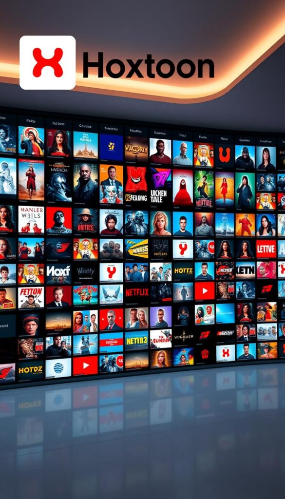 A large, vibrant IPTV content library with rows of colorful movie, TV, and live channel thumbnails. The library is displayed on a sleek, modern interface with a clean, minimalist design. The Hoxtoon Provider logo is prominently featured in the top-left corner. Soft, directional lighting illuminates the scene, creating depth and a sense of quality. The overall mood is one of a high-end, premium IPTV service with a vast, diverse content selection.