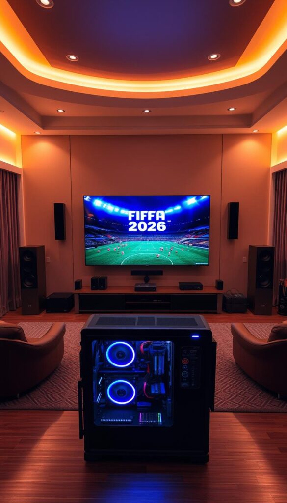 A large, well-lit home theater setup with a massive 4K OLED TV at the center, flanked by powerful surround sound speakers and premium audio equipment. The room is bathed in a warm, cinematic lighting that creates a cozy, immersive atmosphere. In the foreground, a modern gaming PC with a top-of-the-line GPU and a high-speed internet connection from the Hoxtoon Provider sits ready to stream the FIFA 2026 matches in stunning 4K resolution. The middle ground features a sleek, minimalist media cabinet housing the streaming devices and other accessories, while the background showcases elegant, contemporary decor that complements the high-tech setup.
