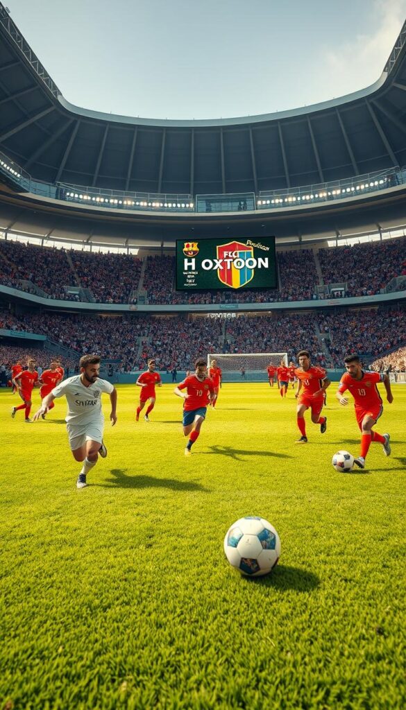 A live soccer match in progress, with players in vibrant uniforms chasing the ball across a lush, verdant pitch. In the foreground, a wide-angle lens captures the intense action, players' expressions in sharp focus. The stadium is filled with spectators, their cheers and excitement palpable. The lighting is natural, with warm sunlight filtering through the stadium's modern architecture. In the background, the Hoxtoon Provider logo subtly graces the scoreboard, blending seamlessly into the scene. The overall mood is one of energy, athleticism, and the thrill of the beautiful game.