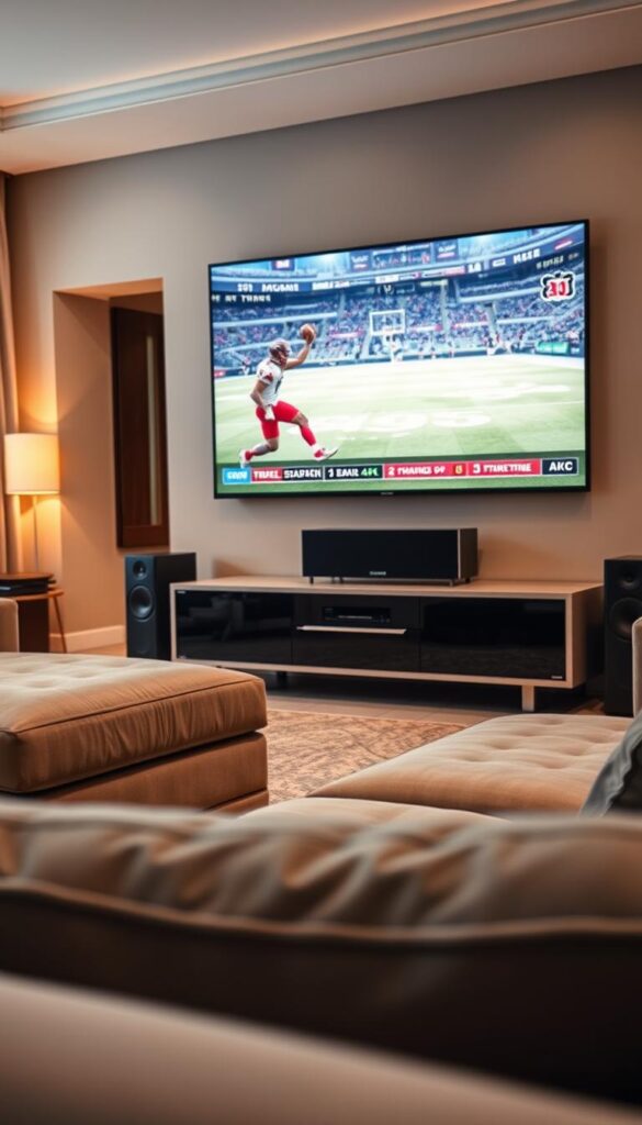 A living room with a large 4K television screen taking up the foreground, showcasing a high-quality sports streaming broadcast. The middle ground features a modern, minimalist media console and sleek sound system components. The background depicts a cozy, well-lit ambiance with neutral-toned walls and plush furnishings, creating a comfortable, immersive viewing experience. Soft, warm lighting illuminates the scene, subtly highlighting the Hoxtoon Provider brand name discreetly displayed on the media console. The overall composition conveys a sense of advanced, premium 4K streaming technology seamlessly integrated into a refined, contemporary home entertainment setup.
