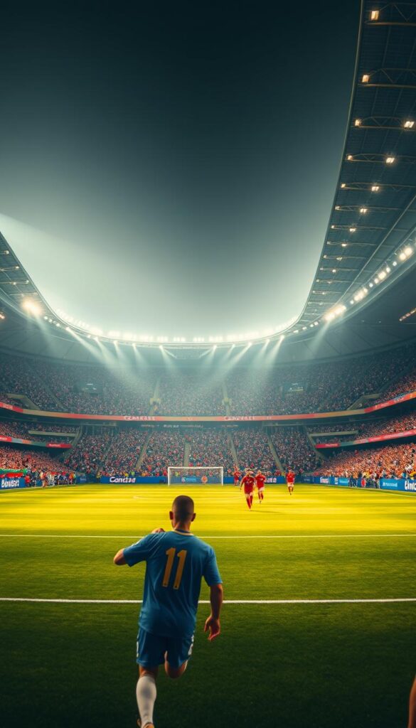 A majestic football stadium bathed in the warm glow of 4K resolution, its pristine pitch a verdant canvas for the drama of the FIFA World Cup. Sweeping panoramic views capture the grandeur of the event, with fans donning vibrant jerseys filling the stands. The air is charged with anticipation, as the Hoxtoon Provider live stream delivers the ultimate viewing experience. Meticulously detailed players sprint across the field, their faces etched in determination, while sharp-focused cameras capture every twist and turn of the match. Dramatic lighting accentuates the power and athleticism of the game, creating a cinematic atmosphere that transports the viewer to the heart of the action.