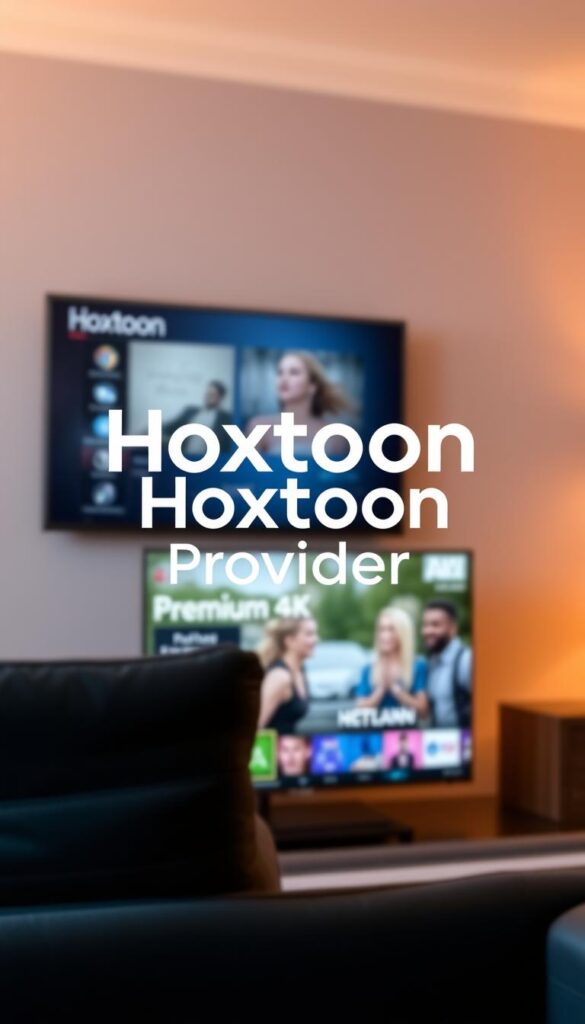 A modern and sleek logo for "Hoxtoon Provider" displayed prominently in the center, surrounded by a clean and minimalist interface showcasing the IPTV service's features. In the background, a high-quality 4K visual of the Hoxtoon app running on a smart TV, highlighting the premium content available. The lighting is warm and inviting, creating a sense of professionalism and reliability. The overall composition is well-balanced, drawing the viewer's attention to the key elements of the Hoxtoon IPTV service.