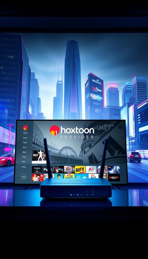 A modern, high-tech IPTV streaming service with the Hoxtoon Provider brand prominently displayed. The foreground shows a sleek, minimalist smart TV interface with a clean, intuitive UI showcasing a variety of 4K streaming channels. In the middle ground, an advanced network router and modem setup, representing the reliable internet infrastructure powering the IPTV service. The background depicts a futuristic, cyberpunk-inspired cityscape with towering skyscrapers and neon-lit streets, symbolizing the cutting-edge technology and global reach of the IPTV platform. Dramatic lighting, with cool blues and purples, creates a sophisticated, high-end aesthetic.