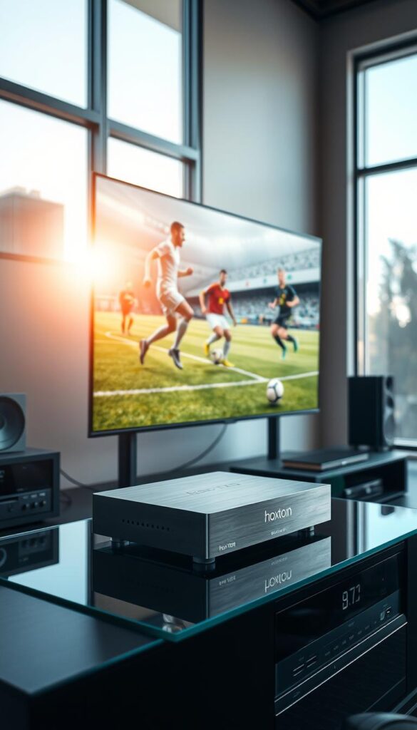 A modern, minimalist 4K IPTV sports entertainment setup. A sleek, brushed metal Hoxtoon Provider set-top box rests on a glass-topped media console, surrounded by state-of-the-art audio equipment. Bright, natural lighting filters in through large windows, casting a warm glow over the scene. On the 4K display, a live soccer match is visible, the players' movements crisp and detailed. The room's atmosphere is one of sophistication and technological advancement, perfectly capturing the evolution of sports broadcasting and IPTV technology.
