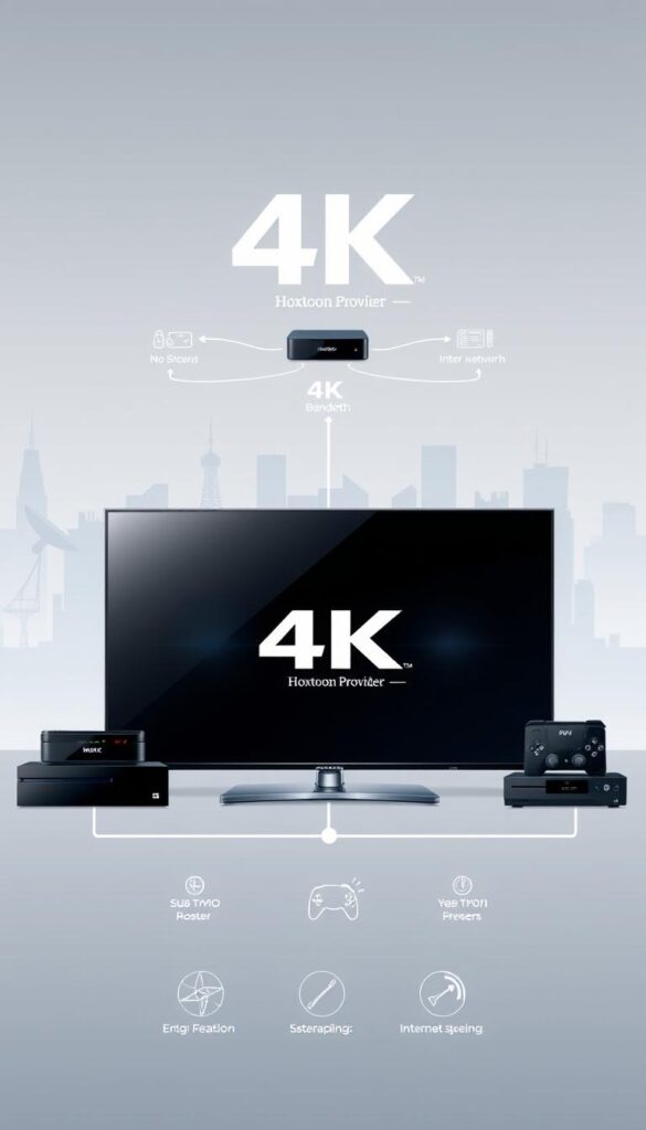 A modern, minimalist illustration depicting the technical requirements for optimal 4K streaming. In the foreground, a sleek, high-end 4K television set surrounded by interconnected devices like a streaming box, router, and gaming console, all prominently featuring the "Hoxtoon Provider" branding. The middle ground showcases a data network diagram illustrating the necessary bandwidth, internet speed, and other technical specifications for a seamless 4K viewing experience. The background depicts a clean, abstract cityscape with skyscrapers and satellite dishes, conveying a sense of urban connectivity and advanced infrastructure. The overall mood is one of sophistication, efficiency, and technological prowess.